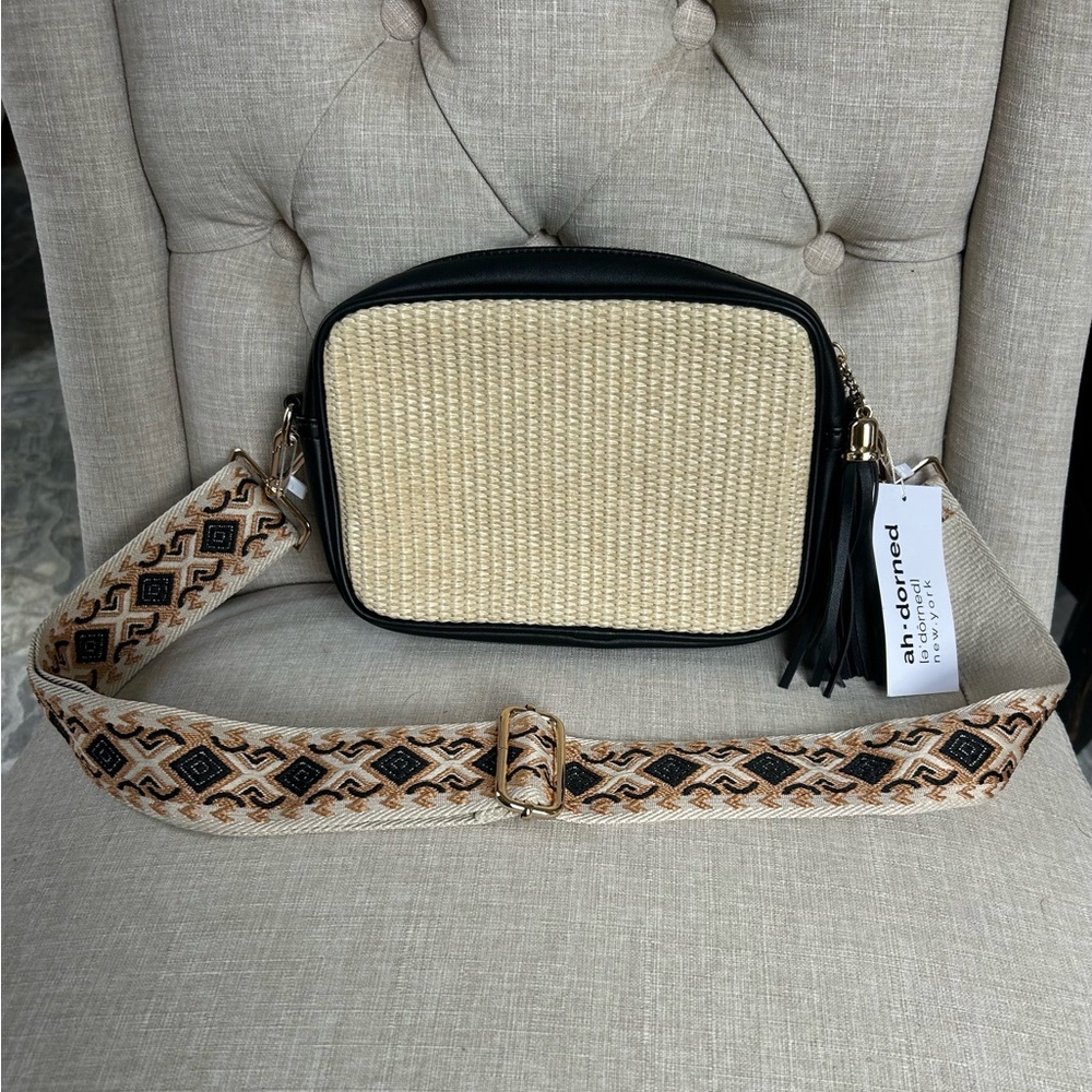 NWT NEW Ah Dorned Raffia Black & Tan Crossbody Bag